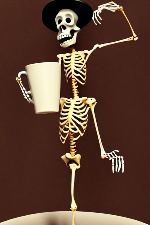 Image similar to a very expressive and funny skeleton character holding a cup of coffee on a horror mansion hall. pixar disney 4 k 3 d render funny animation movie oscar winning trending on artstation and behance. ratatouille style.