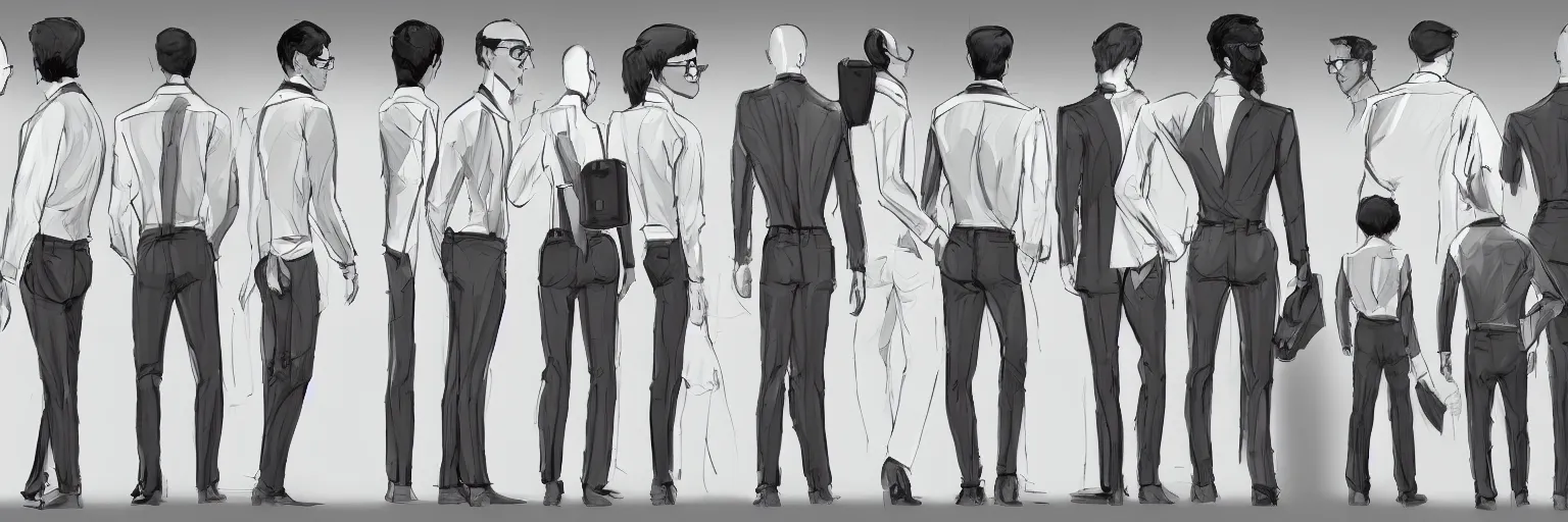 Prompt: full bosy character study of a man dressed casual, white shirt, black tie, clear, evil, glasses, character sheet, fine details, concept design, contrast, kim jung gi, da vinci and pixar, trending on artstation, 8 k, full body and head, turnaround, front view, back view, ultra wide angle