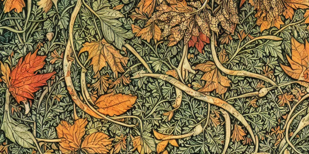 Prompt: breathtaking detailed concept art painting of goddesses of autumn, vintage illustration pattern with bizarre compositions blend of plants and stems and leaves by william morris, exquisite detail, extremely moody lighting, 8 k