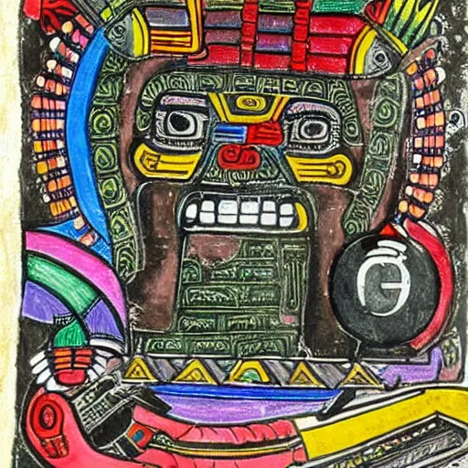 Prompt: a colorful depiction of Aztec god Tezcatlipoca looking at an iPhone, Mesoamerican codex drawing