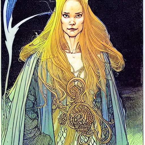 Image similar to a beautiful portrait of sanna!!!!! marin!!!!!, the young female prime minister of finland as a druidic wizard by rebecca guay, michael kaluta, charles vess and jean moebius giraud