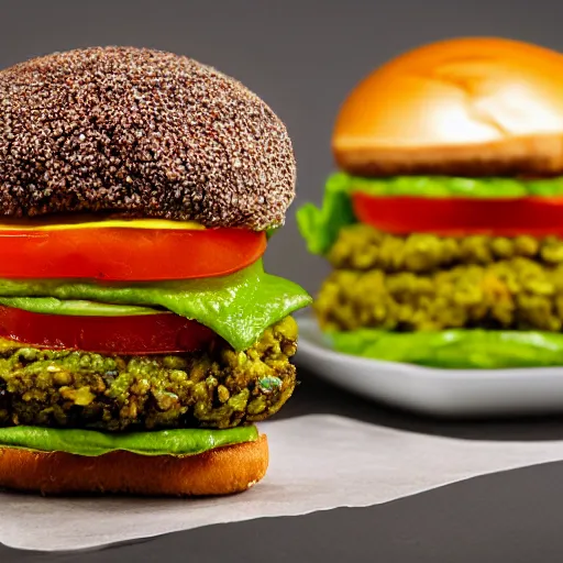 Prompt: juicy vegan hamburger with guacamole topping and crispy fried onion topping and a fried egg topping, crispy buns, 8 k resolution, professional food photography, studio lighting, sharp focus, hyper - detailed