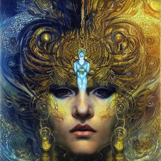 Image similar to Divine Chaos Engine by Karol Bak, Jean Deville, Gustav Klimt, and Vincent Van Gogh, beautiful visionary mystical portrait, sacred, otherworldly, fractal structures, Surreality, ornate gilded medieval icon, third eye, spirals