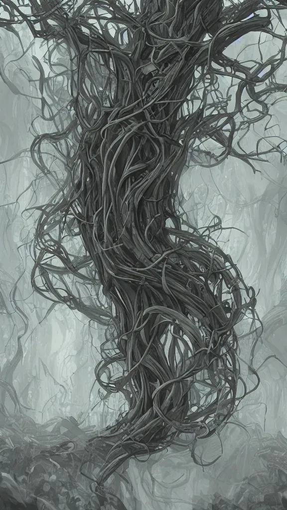 Image similar to long thick vines everywhere, fantasy art, art station, grey background,