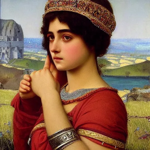 Image similar to beautiful painting by godward, john william of a stunning, beautiful, young kurdish princess, portrait, elegant, incredibly intricate, romanticism, stunning eyes, slender body, wearing beautiful jewelry, award winning art