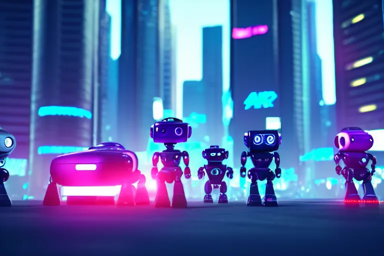 Image similar to a cute little robots in at cyberpunk city. super realistic 8 k render of a elegant, cinematic composition