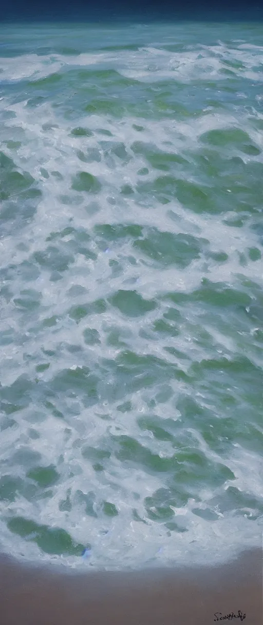 Image similar to hyperrealism oil painting, seafoam crashing on pure white sand, bubbles and mist