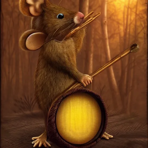 Prompt: mouse with drum, fantasy forrest background, golden hour, digital art, medium shoot