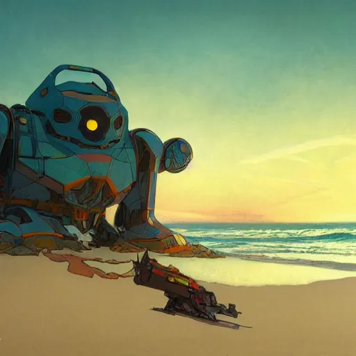 Prompt: giant robot is on an empty beach, at dusk, art by greg rutkowski and alphonse mucha. colorful, highly detailed, trending on artstation, 4 k, epic, cinematic lightning