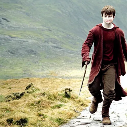 Image similar to daniel radcliffe as harry potter walking, in orodruin from lord of the rings, lava, mountain