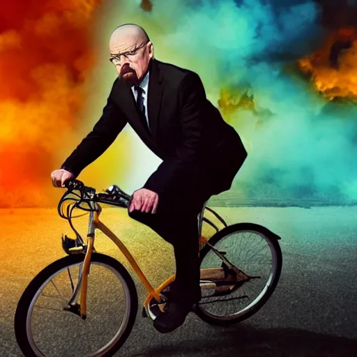 Image similar to photo of walter white riding a bike with an exploding building behind him, color, cinematic lighting