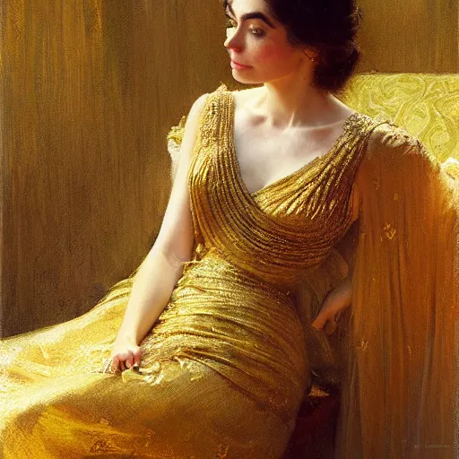 Image similar to detailed portrait of lilly collins in gold clothes, spring light, painting by gaston bussiere, craig mullins, j. c. leyendecker