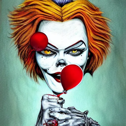 Image similar to grunge cartoon painting of margot robbie with a wide smile and a red balloon by chris leib, loony toons style, pennywise style, corpse bride style, horror theme, detailed, elegant, intricate