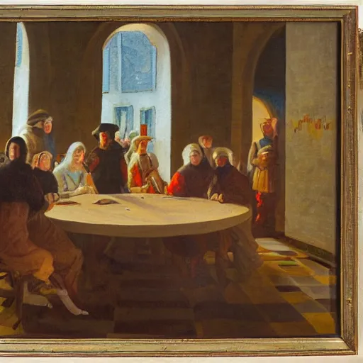 Image similar to A beautiful painting of a group of people standing around a circular table. In the center of the table is a large, open book. The people in the painting are looking at the book with interest and appear to be discussing its contents. oil and canvas, cyberpunk, avant garde by Jean Fouquet 8k
