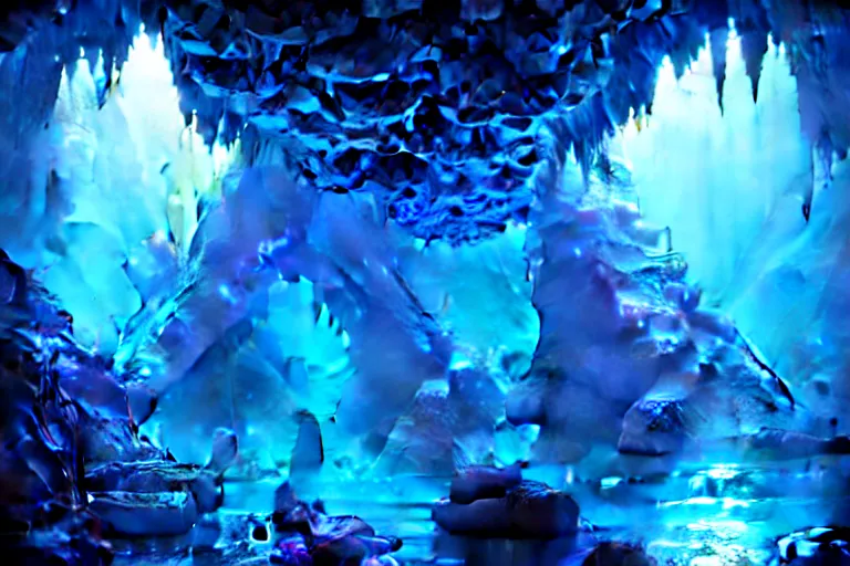 Image similar to underwater crystal caverns, concept art, beautiful blue lights, glowing crystals, d & d, fantasy, highly detailed, masterpiece, volumetric lighting, digital painting, artstation, smooth, sharp focus, illustration, art by artgerm, by greg rutkowski