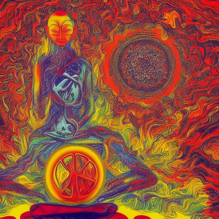 Prompt: human meditating supreme peace immense knowledge infinite color dmt art red yellow orange fear impending doom