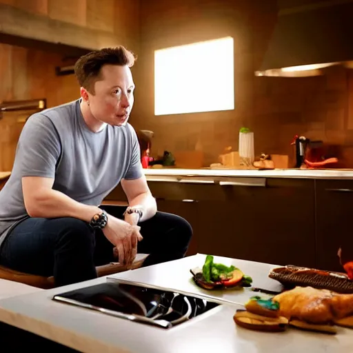 Image similar to picture of elon musk watching tv while cooking a meal, good lighted photo, sharp details, detailed, hd, hdr