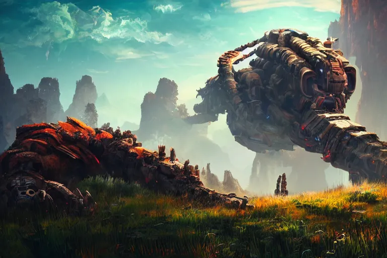 Image similar to tremortusk machine mecanical creature robot of horizon forbidden west horizon zero dawn bioluminiscence global illumination ray tracing hdr fanart arstation by ian pesty and alena aenami artworks in 4 k