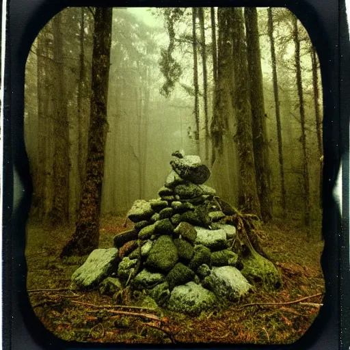 Image similar to a mossy rock pyramid in the middle of a forest clearing at night, dark, foggy, eerie, creepy, unsettling, lost footage, old polaroid, expired film,