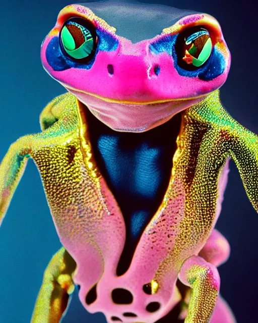 Prompt: natural light, soft focus portrait of a cyberpunk anthropomorphic poison dart frog with soft synthetic pink skin, blue bioluminescent plastics, smooth shiny metal, elaborate ornate head piece, piercings, skin textures, by annie leibovitz, paul lehr