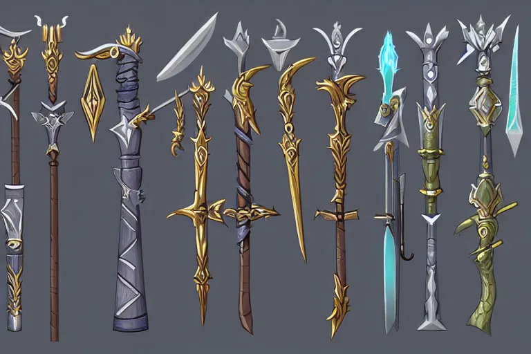 Prompt: design sheet of various magic fantasy weapons, varied colors
