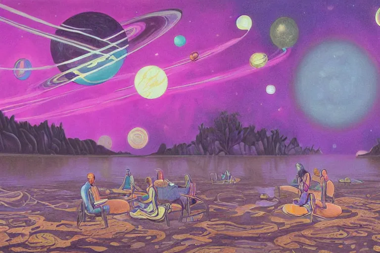 Image similar to surreal painting by chesley bonestelll!!, twelve astronauts sitting near a river + psychedelic vegetation + purple, pink, blue + planets and stars + mystic fog, 5 0's vintage sci - fi style, rule of third!!!!, line art, 8 k, super detailed, high quality