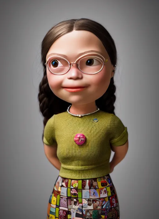 Image similar to closeup profile portrait of tin toy greta thunberg wearing a mini - skirt, depth of field, zeiss lens, detailed, symmetrical, centered, fashion photoshoot, by nicoletta ceccoli, mark ryden, lostfish, breathtaking, 8 k resolution, extremely detailed, beautiful, establishing shot, artistic, hyperrealistic, octane render