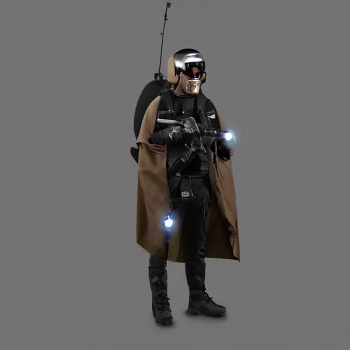 Prompt: futuristic rebel wearing black helmet, brown cloak, technical vest, and a radio backpack, photorealistic, digital art