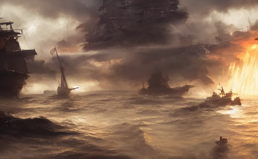 Prompt: Epic naval battle, elegant, volumetric lighting, digital painting, highly detailed, artstation, sharp focus, illustration, concept art, ruan jia, steve mccurry