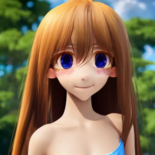 Prompt: Render of a very beautiful 3d anime girl, long hair, hazel eyes, cute freckles, full round face, short smile, cute sundress, golden hour, ice age setting, medium shot, mid-shot, highly detailed, trending on Artstation, Unreal Engine 4k