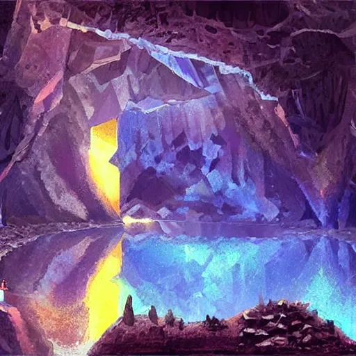 Image similar to a diamond mine, lots of diamonds unearthed, a lights is being reflected all around the dark cave mine, luminous Color’s, murial art, concept art.