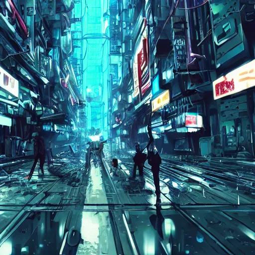 Image similar to android mechanical cyborg in overcrowded urban dystopia raining makoto shinkai wide angle shot