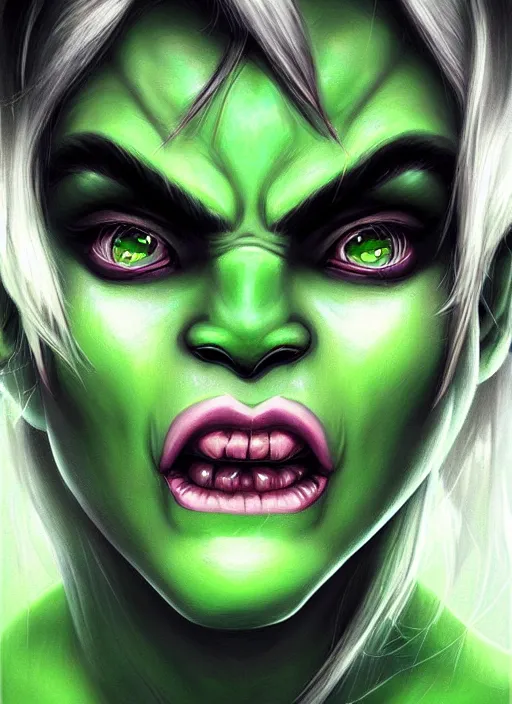 Prompt: green orc female, light green tone beautiful face, by artgerm, digital painting
