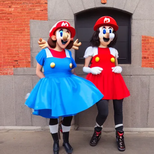 Prompt: two young woman wearing Mario costume 4K
