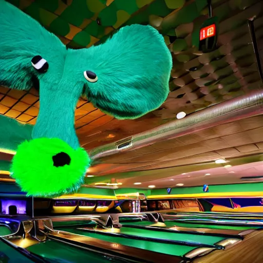 Image similar to cinematic photo of a giant taxidermized furry green crab in a bowling alley