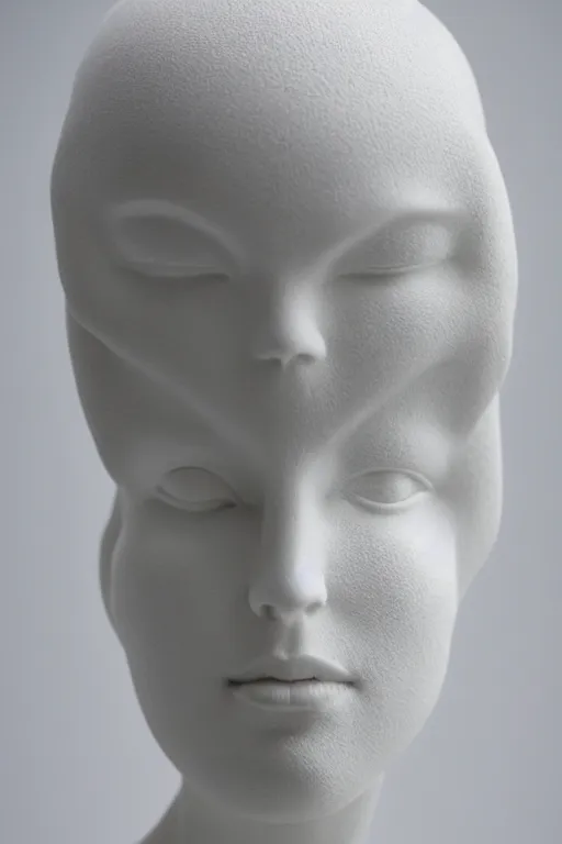 Image similar to full head and shoulders, beautiful female porcelain sculpture by daniel arsham and raoul marks, smooth, all white features on a white background, delicate facial features, white eyes, white lashes, the heads are twisted around geometrically