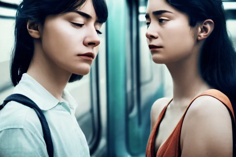 Image similar to vfx movie closeup couple in a train station flat color profile low - key lighting award winning photography arri alexa cinematography, beautiful natural skin, symmetrical face, atmospheric cool color - grade