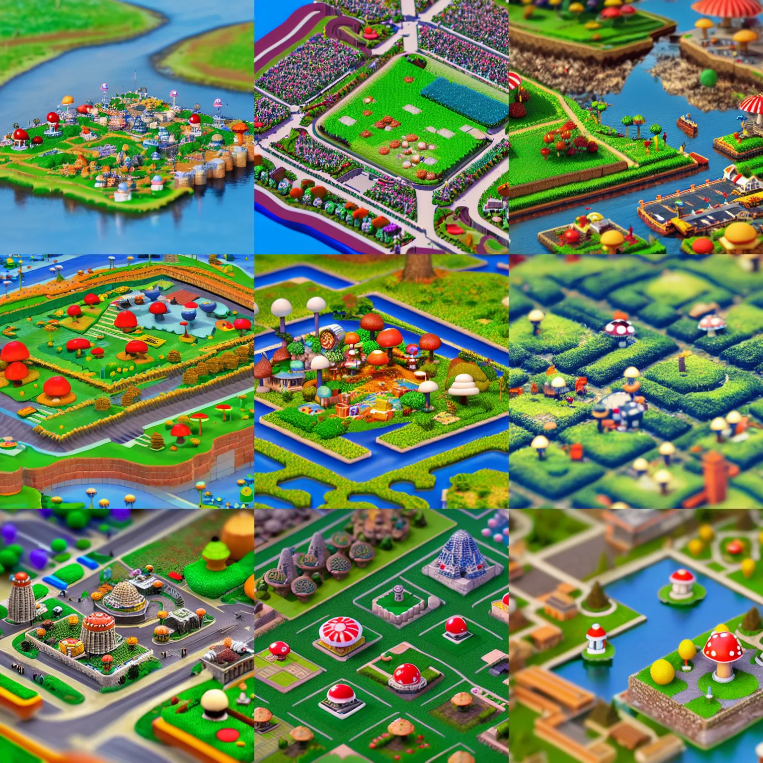 isometric view of the Mushroom Kingdom, tiltshift, 8K Stable