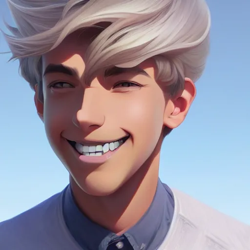 Image similar to young man with short, ash blond greyish hair, happy and smiling, path traced, highly detailed, high quality, digital painting, by don bluth and ross tran and studio ghibli and alphonse mucha, artgerm, sylvain sarrailh