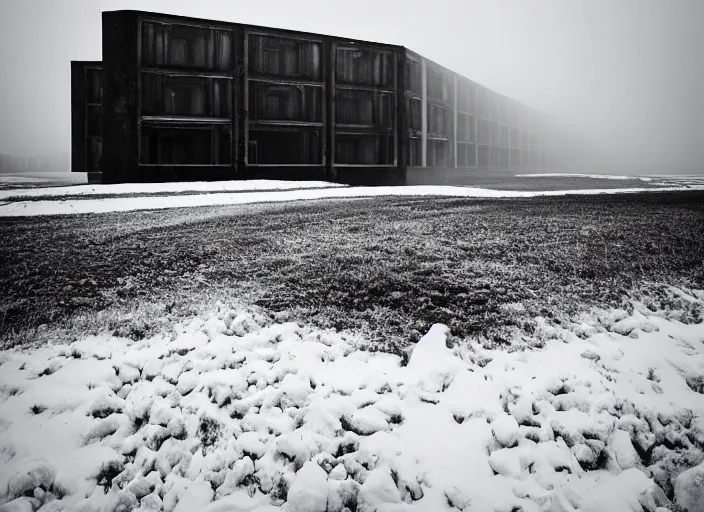 Image similar to high resolution black and white photography with a 3 5 mm f / 2 2 lens of brutalist architectural buildings in romania in the middle of nowhere in the 8 0's, there is fog and snow. fine art photography and very detailed and sad.