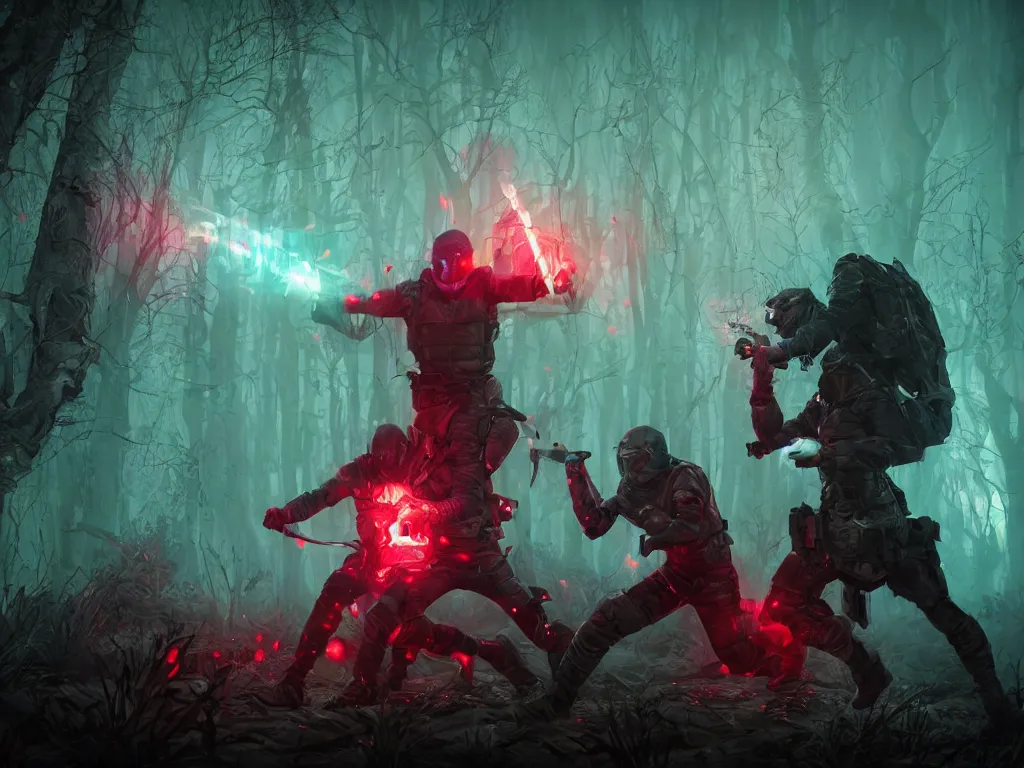 Image similar to tactical combat squad in red hoods fighting otherworldly monsters werewolves between the mystical foggy swamp. Style as if Dan Mumford and Steven Belledin make game in Unreal Engine, photorealism, colorful, finalRender iridescent fantasy concept art 8k resolution concept art ink drawing volumetric lighting bioluminescence, plasma, neon, brimming with energy, electricity, power, Colorful Sci-Fi Steampunk Biological Living, cel-shaded, depth, particles, lots of reflective surfaces, subsurface scattering