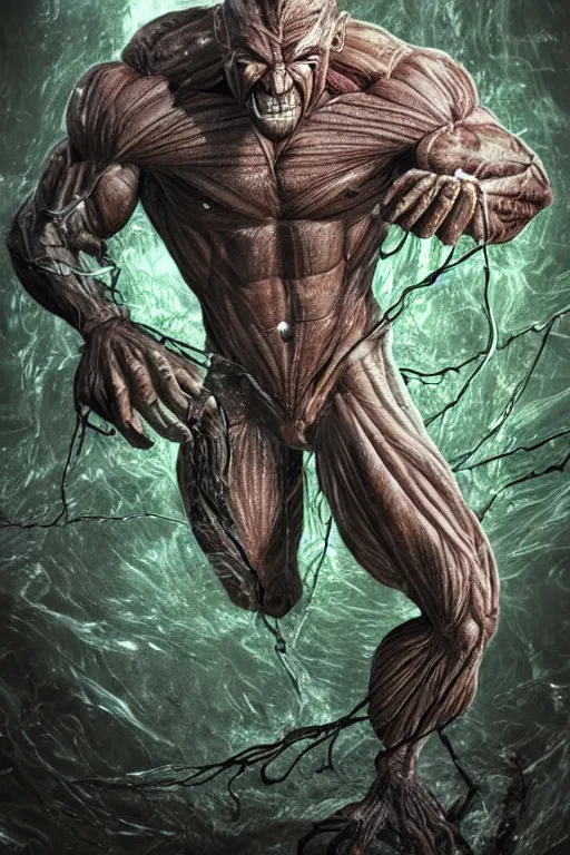 Image similar to muscular creature, veins, troll, fishlike, gills, dragonlike, grown together, overgrown, electronic wires, god rays, dark, skin, plastic wrap,