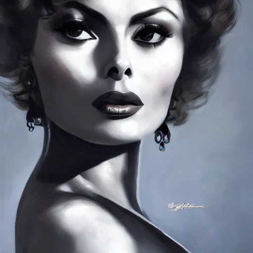 Prompt: closeup portrait of a young sophia loren as a 1 9 2 0 s femme fatale, city background, megacity, high fantasy, dramatic light, gorgeous view, depth, high detail, digital art, painted by greg rutkowski, trending on artstation