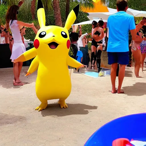 Image similar to a drunk pikachu partying in ibiza