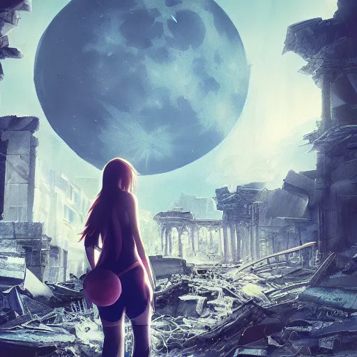 Image similar to A beautiful picture of a blue eye suicidal girl against the background of ruins of a destroyed city and a yellow-red moon, artstation, extremely detailed, volumetric lighting, atmosphere, hyper realism, fantasy 4k