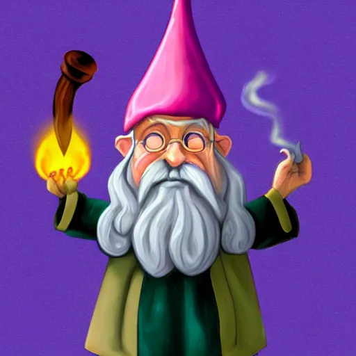 Image similar to gnome archmage wearing purple robes, a floppy wizard hat, and smoking a pipe artstation