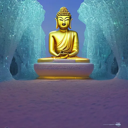 Image similar to budha sculpture made of crystal and shiny fine ice, shiny ornaments, bioluminescence, vegetation, colorful, rim light, highly detailed, tilt shift, digital painting, concept art, smooth, sharp focus, pleasing aesthetics, josan gonzalez, michael dante dimartino, simon stalenhag, octane render, disney pixar, 4 k