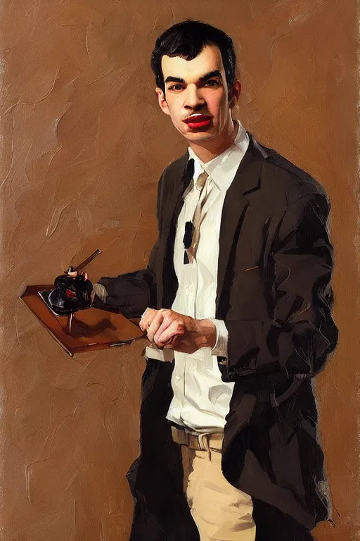 Prompt: nathan fielder, painting by jc leyendecker!! phil hale!, angular, brush strokes, painterly, vintage, crisp