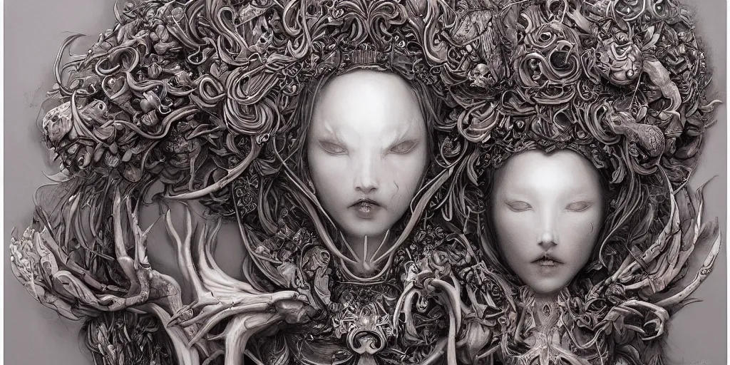 Image similar to hyperrealistic photography of a highly detailed and symmetrical gorgeous bone queen in the style of beth cavener, jin kagetsu, james jean and wlop, face symmetry, masterpiece, award - winning, sharp focus, intricate concept art, ambient lighting, 8 k, artstation