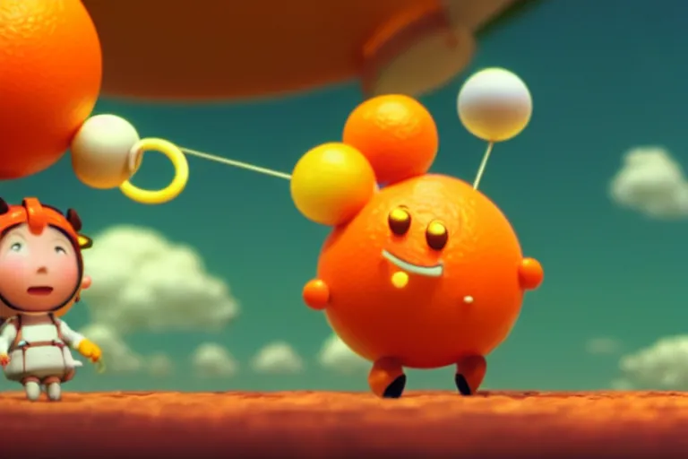 Image similar to still from studio ghibli movie'olimar the happy orange'; 8 k ; very detailed, focused, colorful, antoine pierre mongin, trending on artstation ;